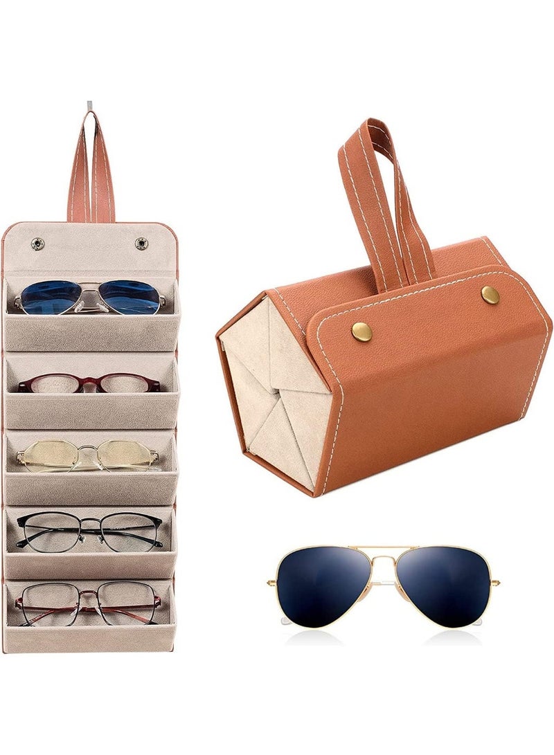 منظم نظارات شمس جلد من 5 فتحات محمول وقابل للطي لحمل وتخزين وعرض النظارات متعددة الأغراض تحافظ على منظمة في المنزل وعند السفر - Image 1